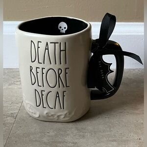 Rae Dunn Cream and Black 'Death Before Decaf' Mug nwt
